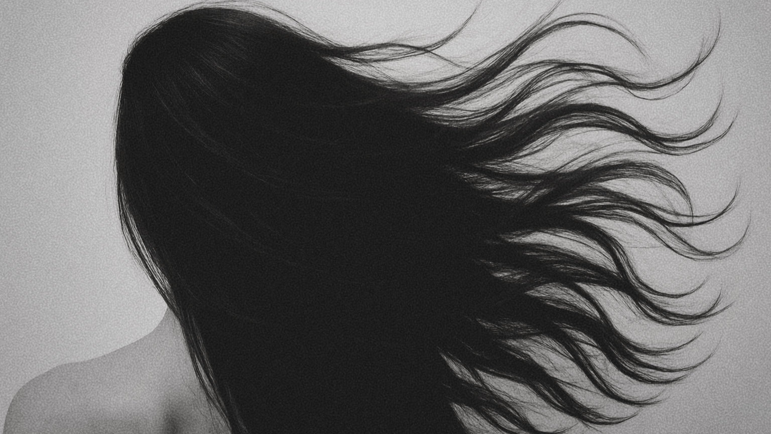 Black and white illustration of a person with flowing hair against a plain background