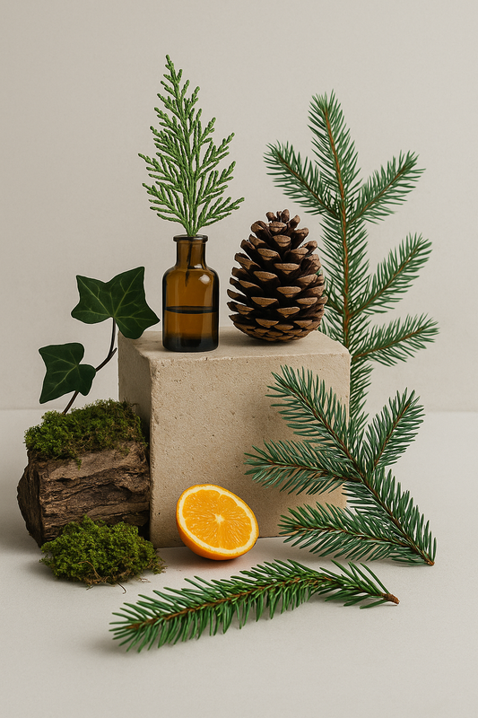 Decorative arrangement with greenery, a bottle, a pine cone, and an orange on a light background