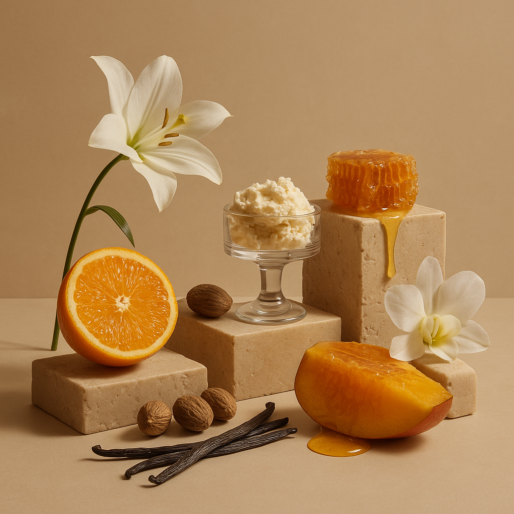 Cosmetic products with fruits, flowers, and honey on a beige background
