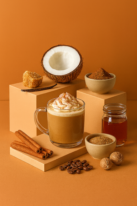 Cup of coffee with whipped cream, surrounded by coffee beans, a coconut, cinnamon sticks, and a jar on an orange background.