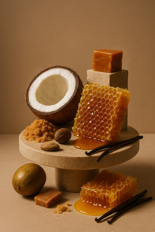 Wooden stand with coconut, honeycomb, vanilla beans, and other natural items on a beige background