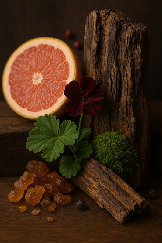 Half-cut grapefruit with cinnamon stick, dried fruits, and flowers on a dark wooden surface