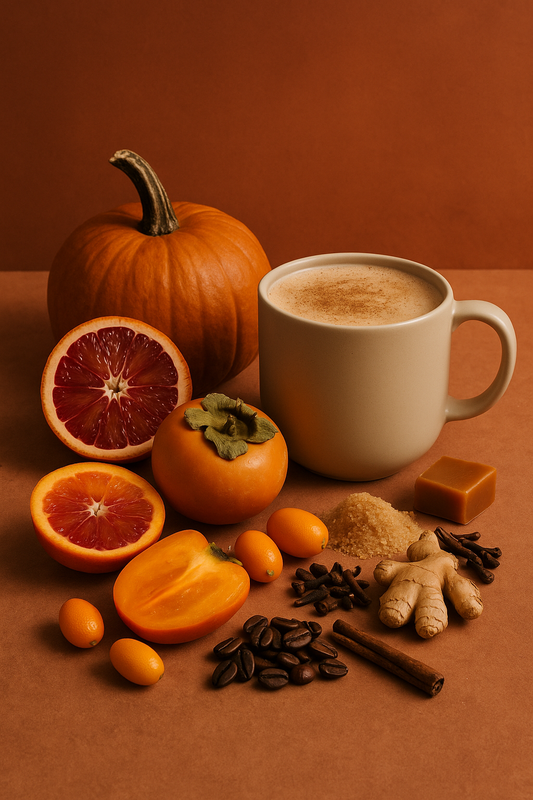 Cup of coffee with pumpkins, oranges, and spices on a brown background
