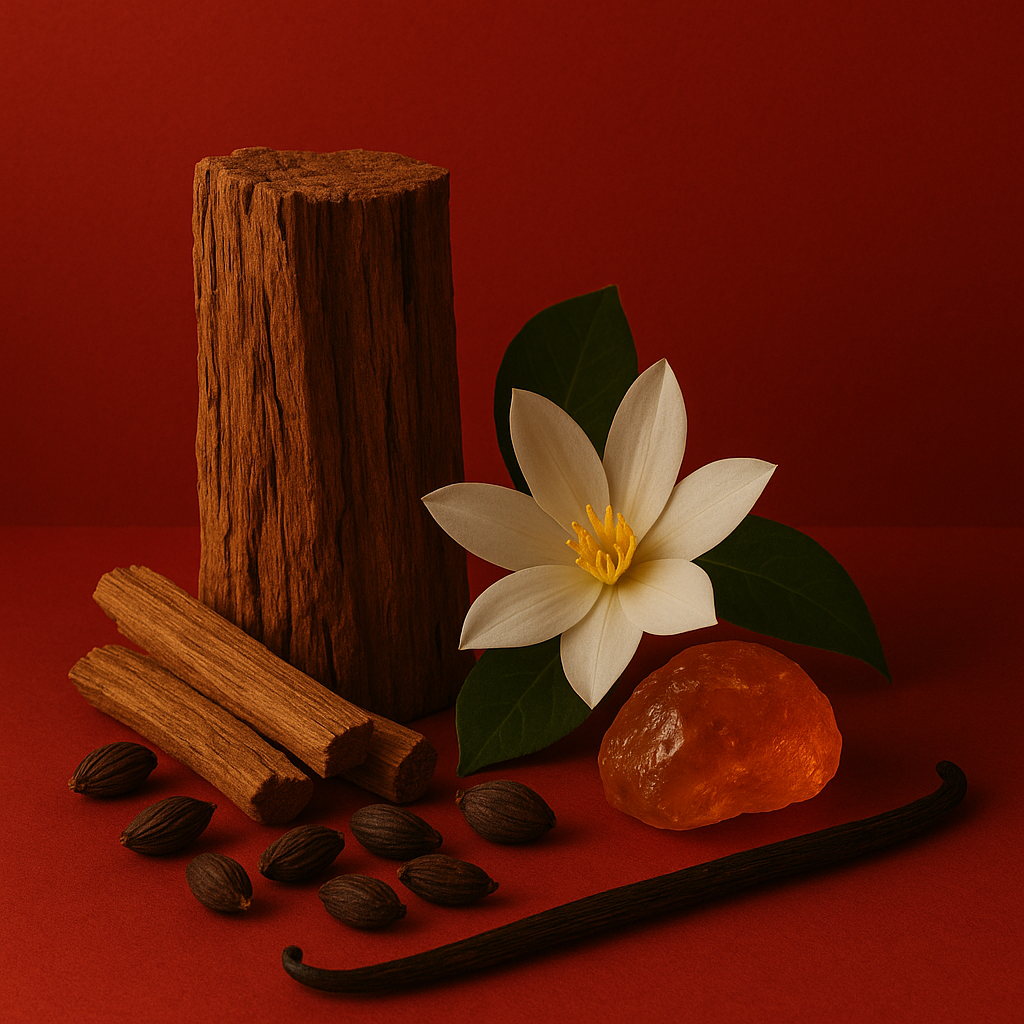 Spices and a white flower on a red background