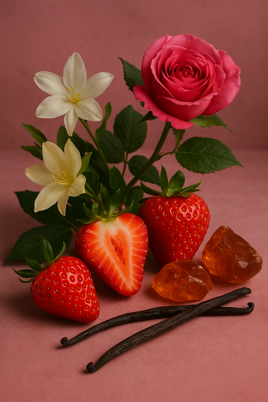 Strawberries, vanilla beans, and flowers on a pink background
