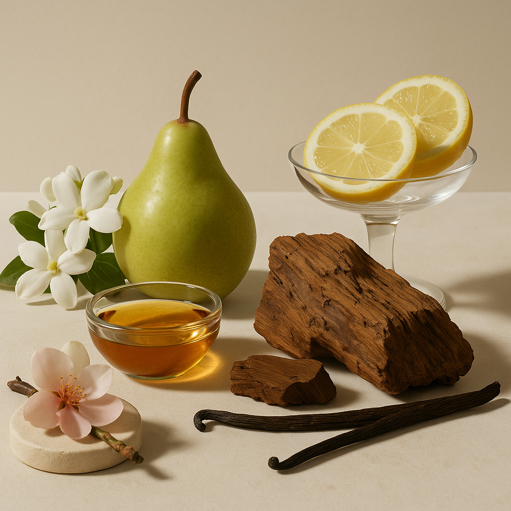 Still life arrangement with pear, lemons, honey, wood, and flowers on a neutral background
