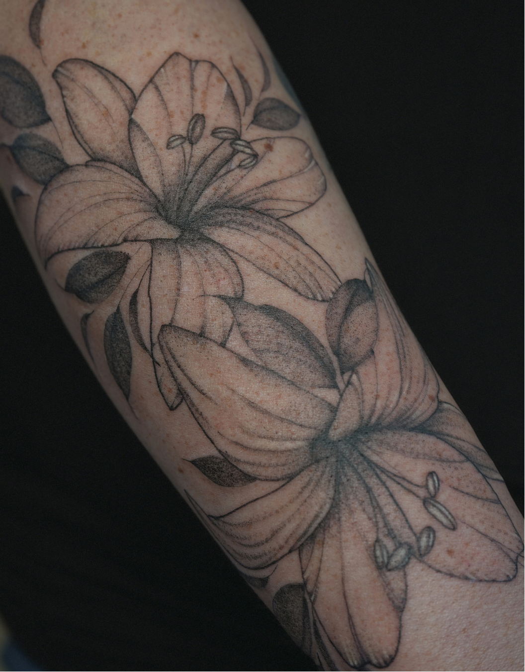 A close-up of a forearm featuring a detailed black and gray tattoo of two lily flowers with leaves, set against a dark background.