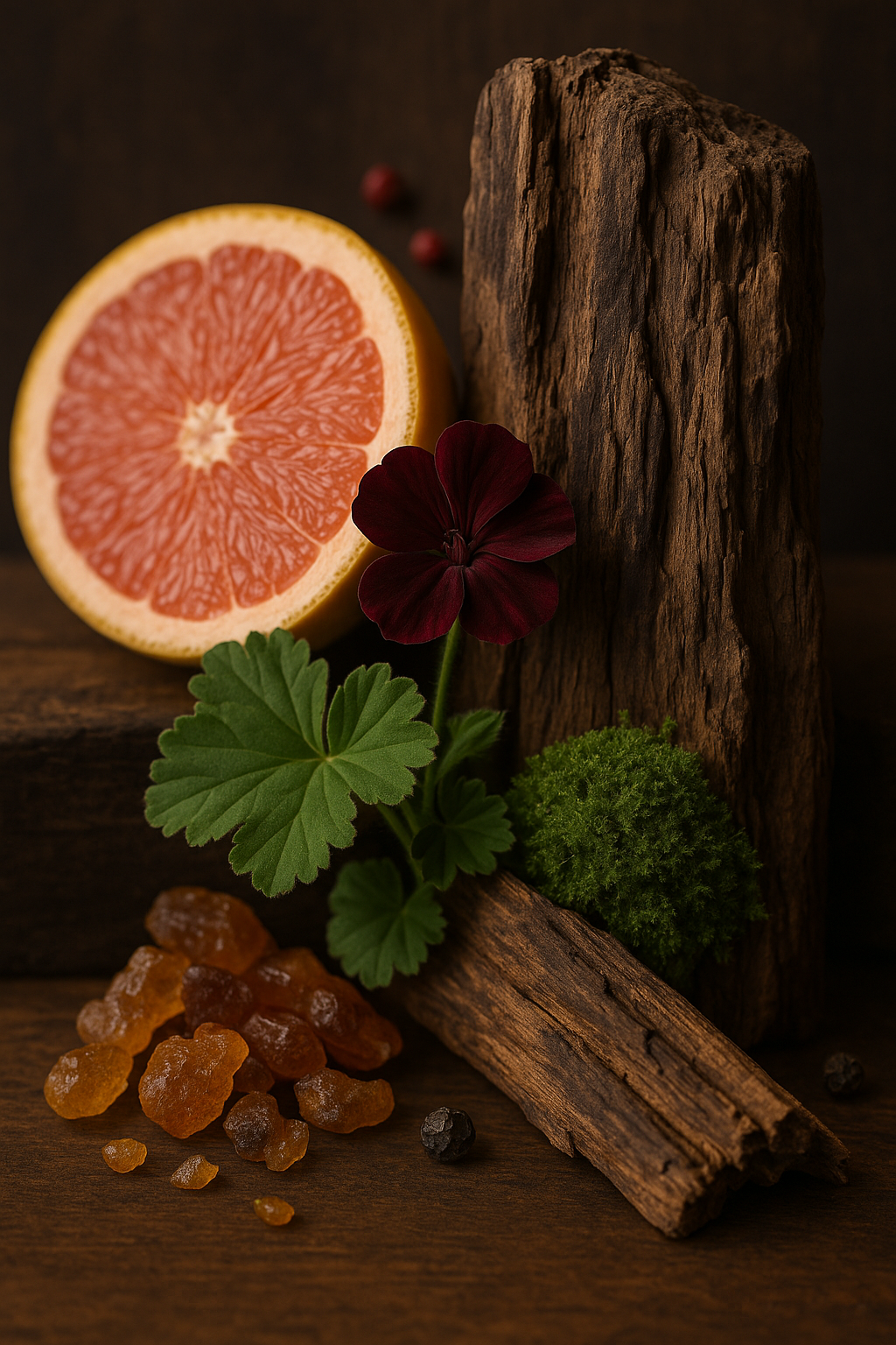 Half-cut grapefruit with cinnamon stick, dried fruits, and flowers on a dark wooden surface