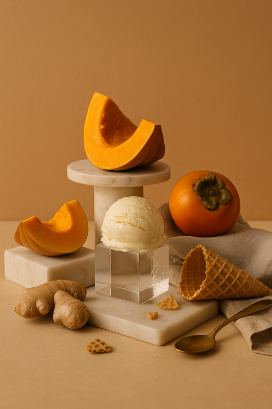 Pumpkin, ice cream, persimmon, and ginger on a beige background